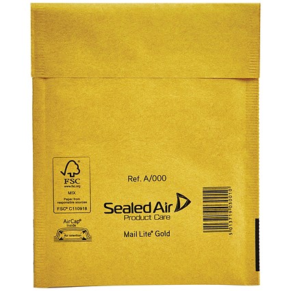 Mail Lite Bubble Lined Postal Bag Size A/000 110x160mm Gold (Pack of 100) 103049052
