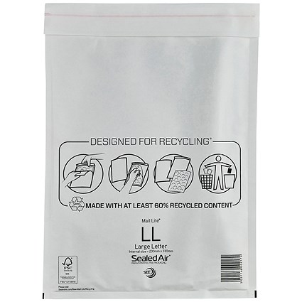 Mail Lite Bubble Lined Postal Bag, Size LL 230x330mm, White, Pack of 50