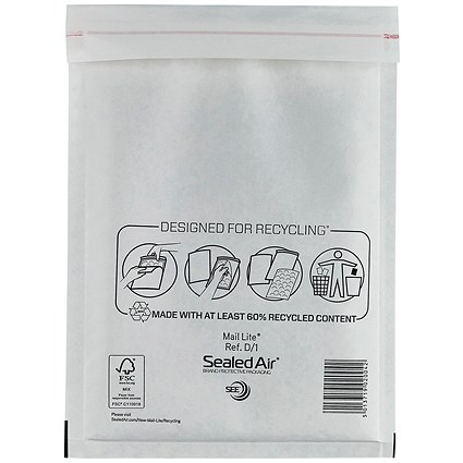 Mail Lite Bubble Lined Postal Bag, White, 180x260mm, Pack of 100