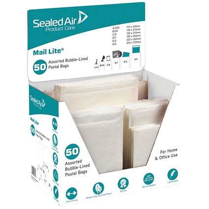 Mail Lite Bubble Lined Postal Bag, White, Assorted Sizes, Pack of 50