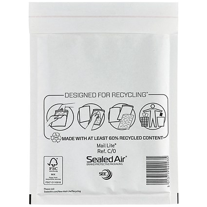 Mail Lite Bubble Postal Bag, C/0 150x210mm, White, Pack of 100 Mail Lite Bubble Postal Bag, C/0 150x210mm, White, Pack of 100