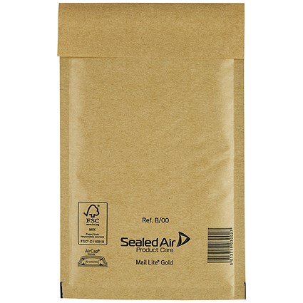 Mail Lite Bubble Postal Bag, Size B/00 120x210mm, Gold, Pack of 100 Mail Lite Bubble Postal Bag, Size B/00 120x210mm, Gold, Pack of 100