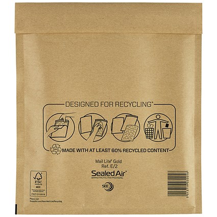 Mail Lite Bubble Postal Bag, Size E/2 220x260mm, Gold, Pack of 100 Mail Lite Bubble Postal Bag, Size E/2 220x260mm, Gold, Pack of 100