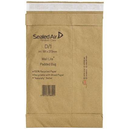 Mail Lite Padded Postal Bag, Size D/1, 181x273mm, Brown, Pack of 100