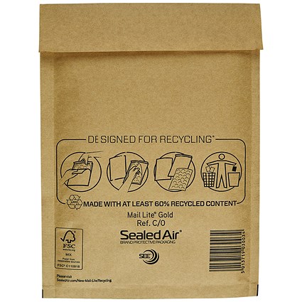 Mail Lite Bubble-Lined Postal Bag, 150x210mm, Peel & Seal, Gold, Pack of 100