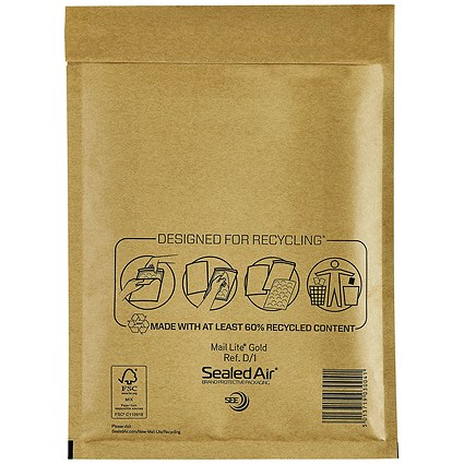 Mail Lite Bubble Lined Postal Bag, Gold, 180x260mm, Pack of 100