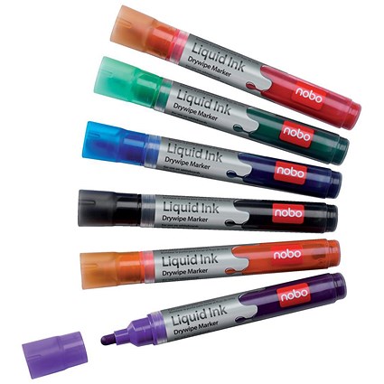 Nobo Liquid Ink Drymarker Drywipe Flipchart OHP, Bullet Tip, Assorted Colours, Pack of 12