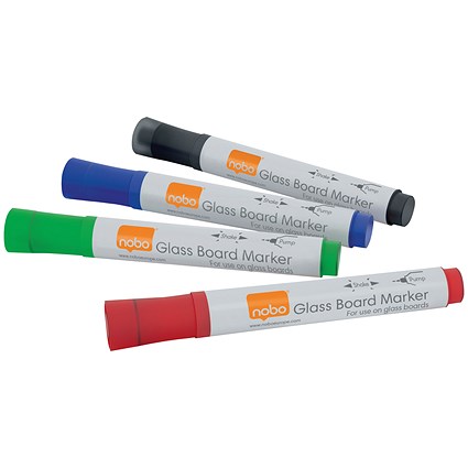 Nobo Glass Whiteboard Marker, Assorted, Pack of 4