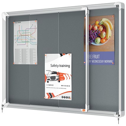Nobo Premium Plus Felt Lockable Notice Board, 8xA4, W922xH665xD63mm, Grey