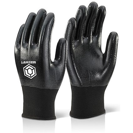 Beeswift Nitrile Fully Coated Polyester Gloves, Black, Medium Beeswift Nitrile Fully Coated Polyester Gloves, Black, Medium
