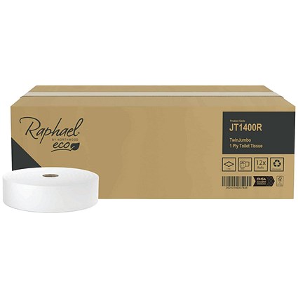 Raphael Twin Jumbo Toilet Roll, 1-Ply, 400m, White, Pack of 12 | Paperstone
