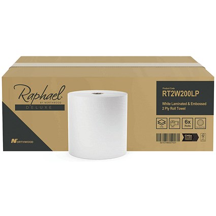 Raphael 2-Ply Hand Towel Roll, 200m, White, Pack of 6