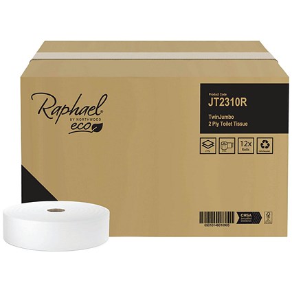 Raphael Twin Jumbo Toilet Roll, 2-Ply, 310m, White, Pack of 12 Raphael Twin Jumbo Toilet Roll, 2-Ply, 310m, White, Pack of 12