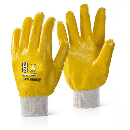 Beeswift Nitrile Fully Coated Knitwrist Light Weight Gloves, Yellow, XL, Pack of 10 Beeswift Nitrile Fully Coated Knitwrist Light Weight Gloves, Yellow, XL, Pack of 10