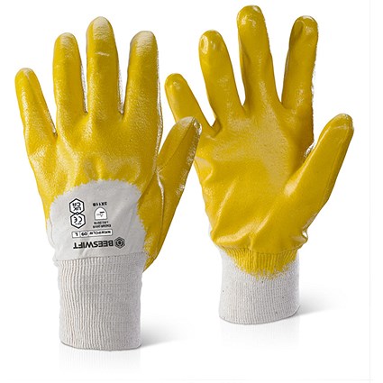 Beeswift Nitrile Part Coated Knitwrist Light Weight Gloves, Yellow, Medium-XL, Pack of 10 Beeswift Nitrile Part Coated Knitwrist Light Weight Gloves, Yellow, Medium-XL, Pack of 10