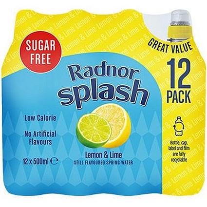 Radnor Splash Sugar Free Lemon & Lime Flavoured Water, Sports Cap Plastic Bottles, 500ml, Pack of 12 Radnor Splash Sugar Free Lemon & Lime Flavoured Water, Sports Cap Plastic Bottles, 500ml, Pack of 12