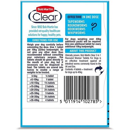 Bob Martin Clear 3-in-1 Wormer for Dogs, (4 Tablets) - For Medium to Large Dogs