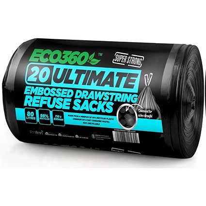 Eco360 Ultimate Drawstring Refuse Sacks, 80 Litre, Black, Pack of 20