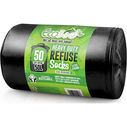 Eco360 Heavy Duty Bin Bags, 50 Litre, Black, Pack of 50
