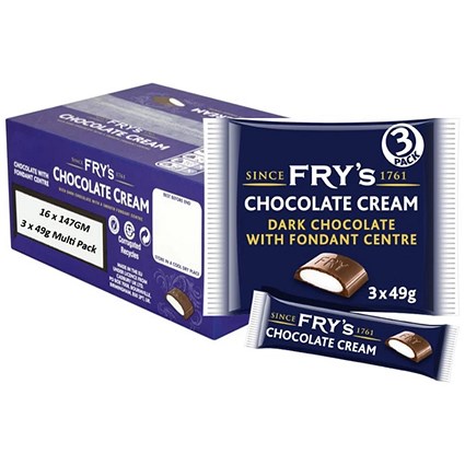 Fry's Chocolate Cream Dark Chocolate Bars Cream Fondant 3 x 49g 16 x 147g Full Case