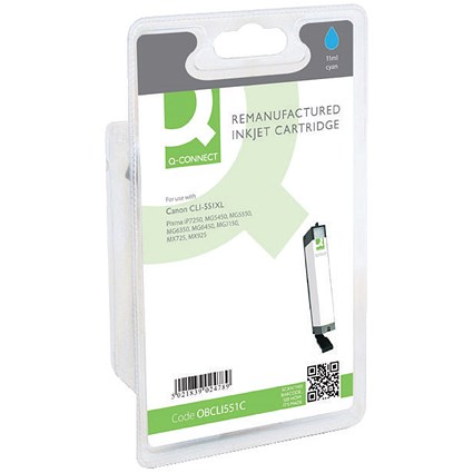 Q-Connect Remanufactured Inkjet Cartridge High Yield Cyan For Canon CLI-551XL RM-QC-6609-00 Q-Connect Remanufactured Inkjet Cartridge High Yield Cyan For Canon CLI-551XL RM-QC-6609-00