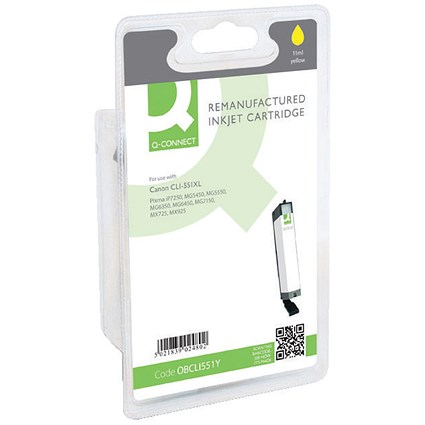 Q-Connect Remanufactured Inkjet Cartridge High Yield Yellow For Canon CLI-551Y XL CLI-551XLY-COMP