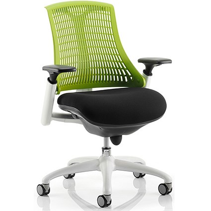 Flex Task White Frame & Black Seat Operator Chair, Height Adjustable Arms, Green Back - Delivered Built