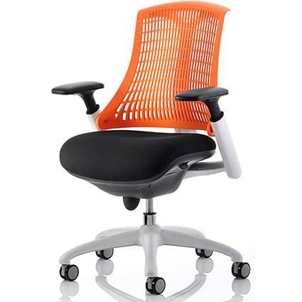 Flex Task White Frame & Black Seat Operator Chair, Height Adjustable Arms, Orange Back - Delivered Built