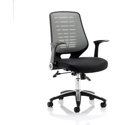 Relay Silver Mesh Back Operator Chair, Folding Arms, Black - Delivered Built