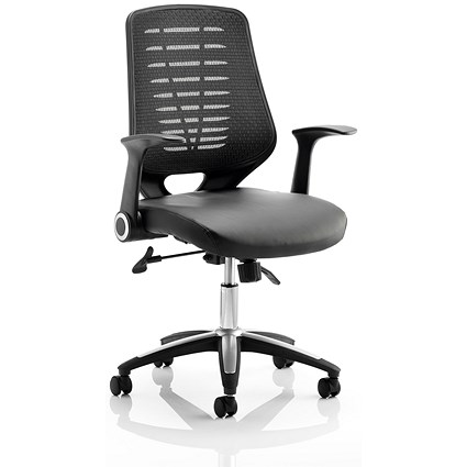Relay Black Mesh Back Bonded Leather Operator Chair, Folding Arms, Black
