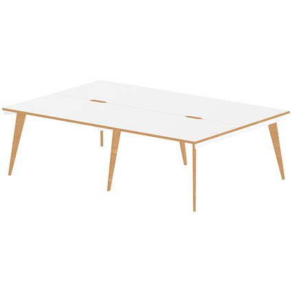 Oslo 4 Person Bench Desk, Back to Back, 4 x 1200mm (800mm Deep), White Frame with Wooden Leg and Edge