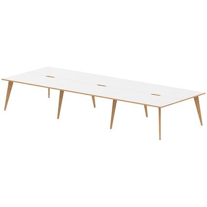Oslo 6 Person Bench Desk, Back to Back, 6 x 1400mm (800mm Deep), White Frame with Wooden Leg and Edge