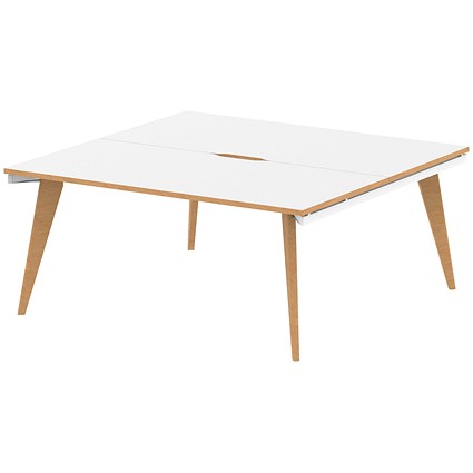 Oslo 2 Person Bench Desk, Back to Back, 2 x 1600mm (800mm Deep), White Frame with Wooden Leg and Edge