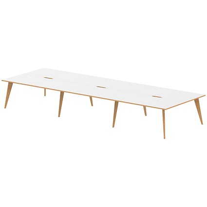 Oslo 6 Person Bench Desk, Back to Back, 6 x 1600mm (800mm Deep), White Frame with Wooden Leg and Edge