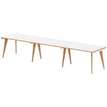 Oslo 3 Person Bench Desk, Side by Side, 3 x 1200mm (800mm Deep), White Frame with Wooden Leg and Edge