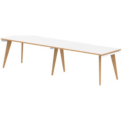 Oslo 2 Person Bench Desk, Side by Side, 2 x 1400mm (800mm Deep), White Frame with Wooden Leg and Edge