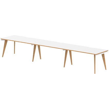 Oslo 3 Person Bench Desk, Side by Side, 3 x 1400mm (800mm Deep), White Frame with Wooden Leg and Edge