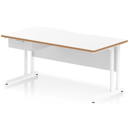 Oslo 1600 Scalloped and Wood Edge Rectangular Desk, Cantilever Legs, White, With 1 Drawer Fixed Pedestal