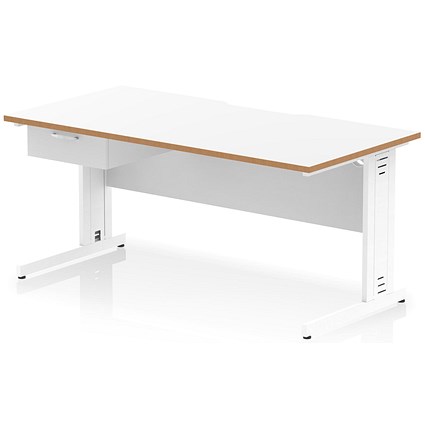 Oslo 1600 Scalloped and Wood Edge Rectangular Desk, Cable Managed Legs, White, With 1 Drawer Fixed Pedestal