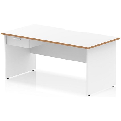 Oslo 1600 Scalloped and Wood Edge Rectangular Desk, Panel End Legs, White, With 1 Drawer Fixed Pedestal