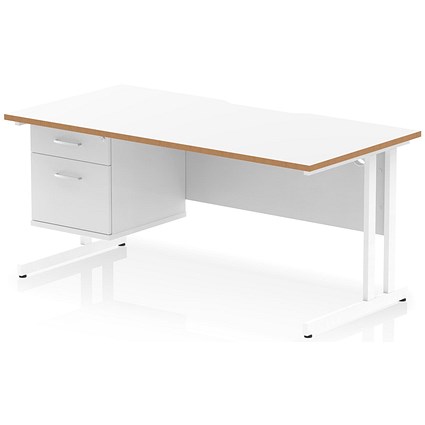 Oslo 1600 Scalloped and Wood Edge Rectangular Desk, Cantilever Legs, White, With 2 Drawer Fixed Pedestal