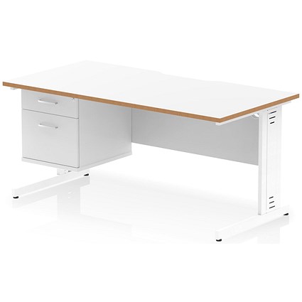 Oslo 1600 Scalloped and Wood Edge Rectangular Desk, Cable Managed Legs, White, With 2 Drawer Fixed Pedestal