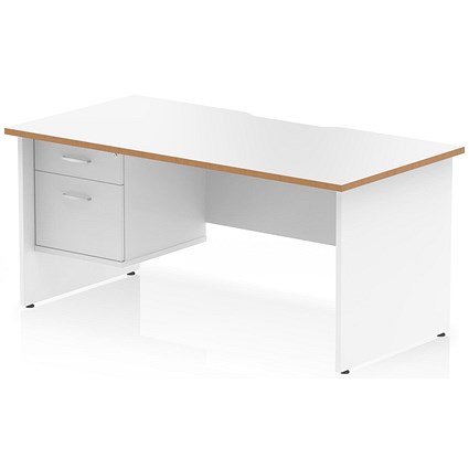 Oslo 1600 Scalloped and Wood Edge Rectangular Desk, Panel End Legs, White, With 2 Drawer Fixed Pedestal