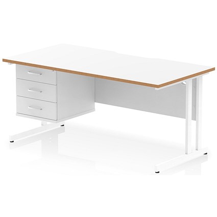 Oslo 1600 Scalloped and Wood Edge Rectangular Desk, Cable Managed Legs, White, With 3 Drawer Fixed Pedestal