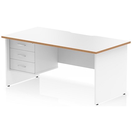 Oslo 1600 Scalloped and Wood Edge Rectangular Desk, Panel End Legs, White, With 3 Drawer Fixed Pedestal