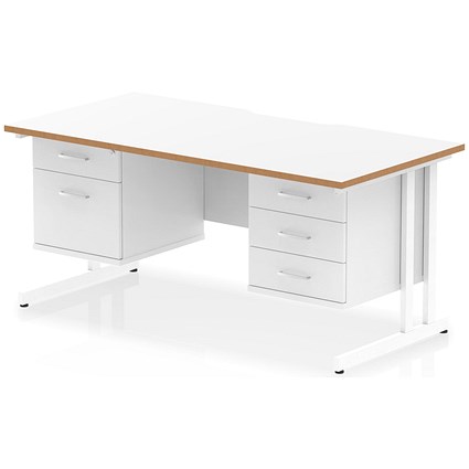 Oslo 1600 Scalloped and Wood Edge Rectangular Desk, Cantilever Legs, White, With 1 x 2 Drawer and 1 x 3 Drawer Fixed PedestalsPed