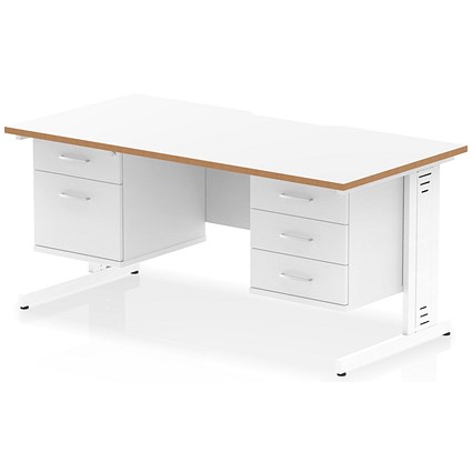 Oslo 1600 Scalloped and Wood Edge Rectangular Desk, Cable Managed Legs, White, With 1 x 2 Drawer and 1 x 3 Drawer Fixed Pedestals