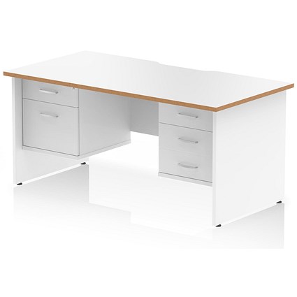 Oslo 1600 Scalloped and Wood Edge Rectangular Desk, Panel End Legs, White, With 1 x 2 Drawer and 1 x 3 Drawer Fixed PedestalsPede