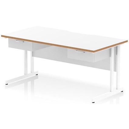 Oslo 1600 Scalloped and Wood Edge Rectangular Desk, Cantilever Legs, White, With 2 x 1 Drawer Fixed Pedestals