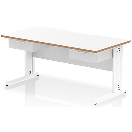 Oslo 1600 Scalloped and Wood Edge Rectangular Desk, Cable Managed Legs, White, With 2 x 1 Drawer Fixed Pedestals